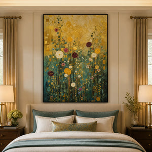 Golden Meadow Song in a refined bedroom with black frame