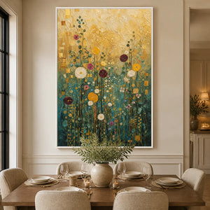 Golden Meadow Song in a refined dining room with white frame