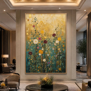 Golden Meadow Song in a refined hotel interior with wood frame