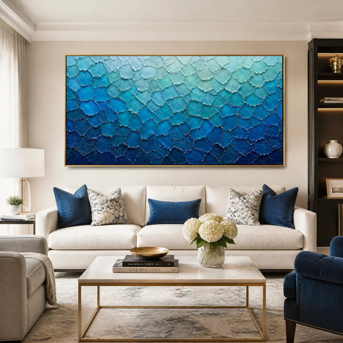 Azure Scale Field in a refined living room with gold frame