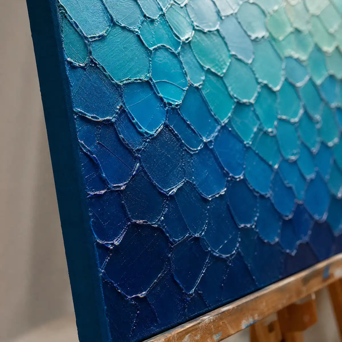 Close-up detail of Azure Scale Field showing hand-painted texture and part of the frame