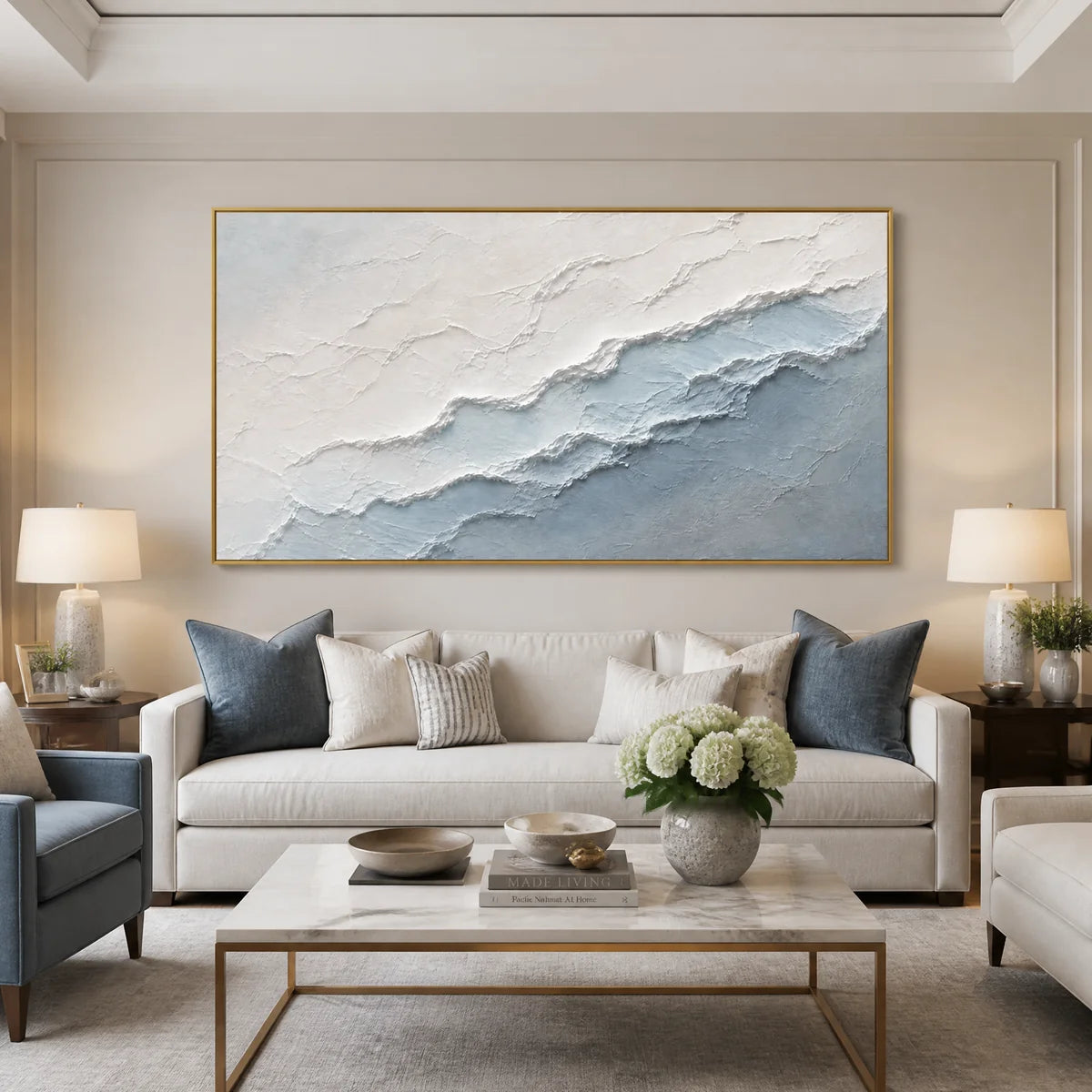 Frosted Horizon in a refined living room with gold frame