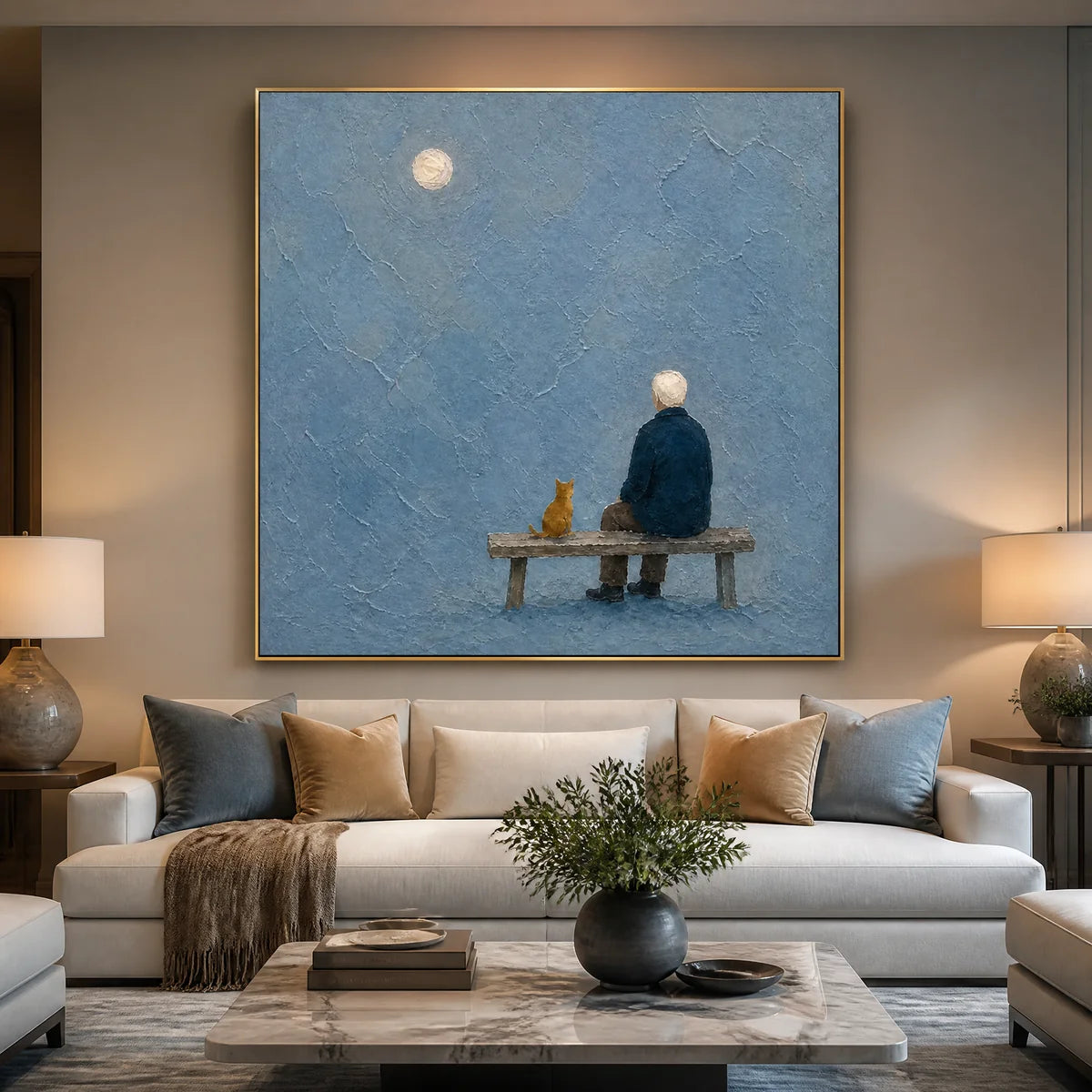 The Quiet Bench in a refined living room with gold frame