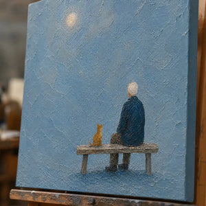 Close-up detail of The Quiet Bench showing hand-painted texture and part of the frame