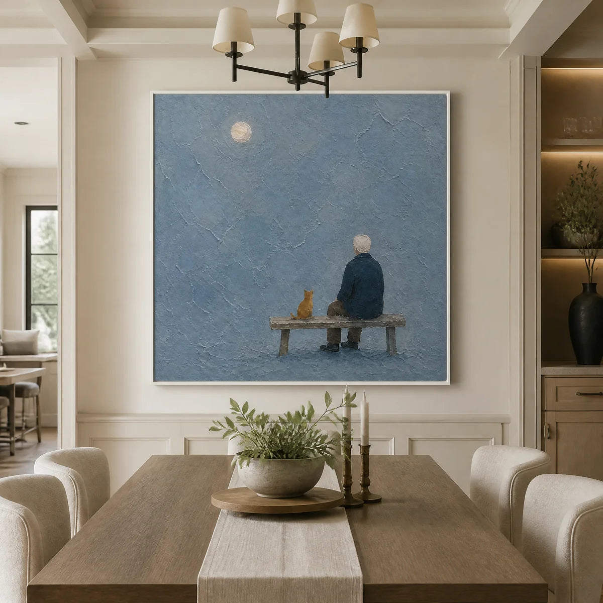 The Quiet Bench in a refined dining room with white frame