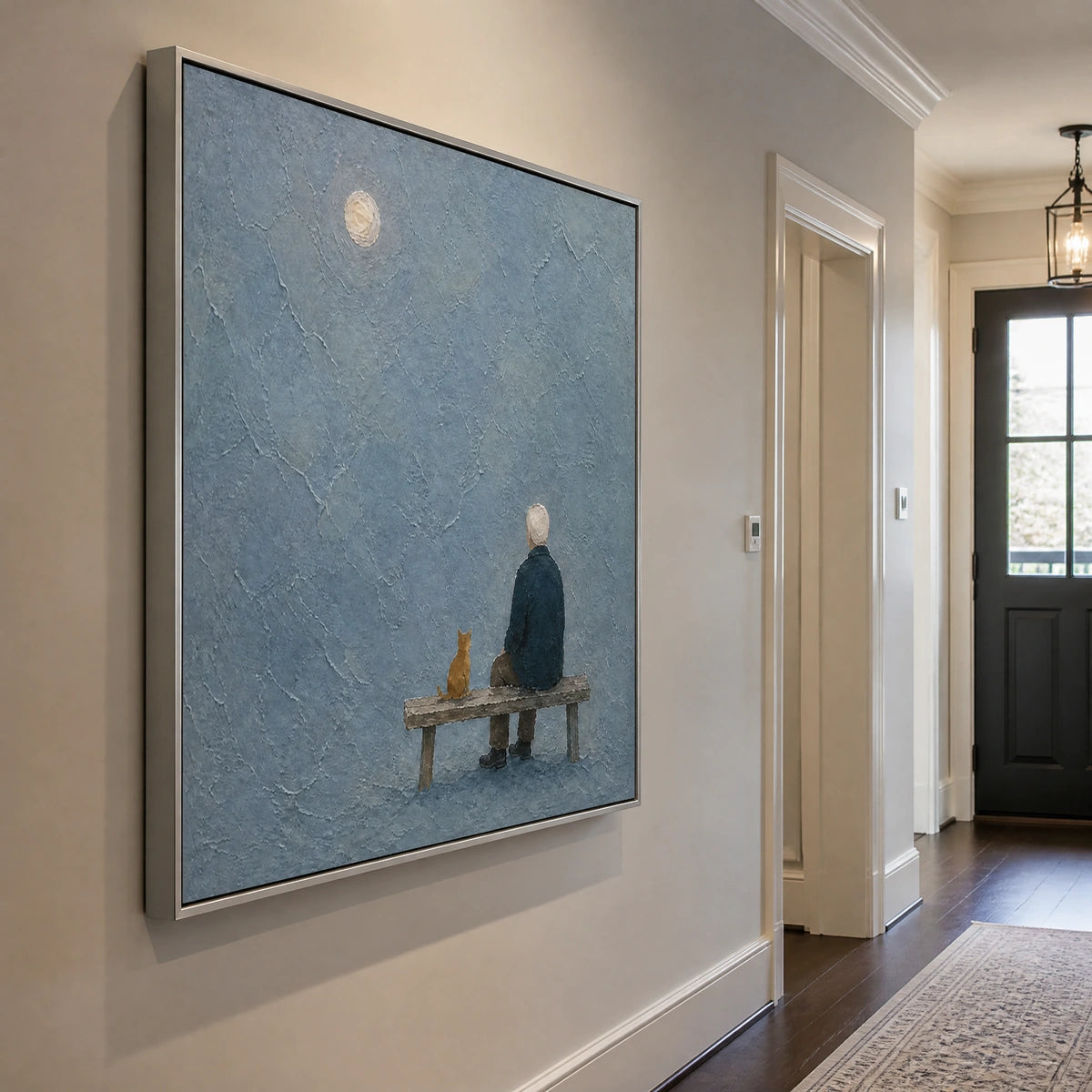 The Quiet Bench in a refined entry hall with silver frame