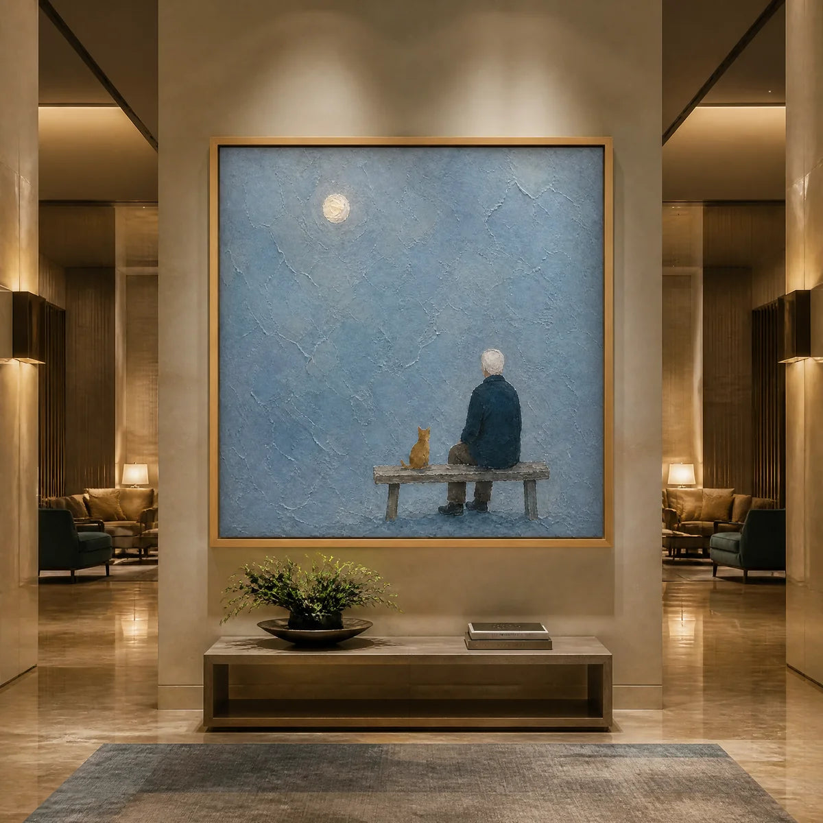 The Quiet Bench in a refined hotel interior with wood frame