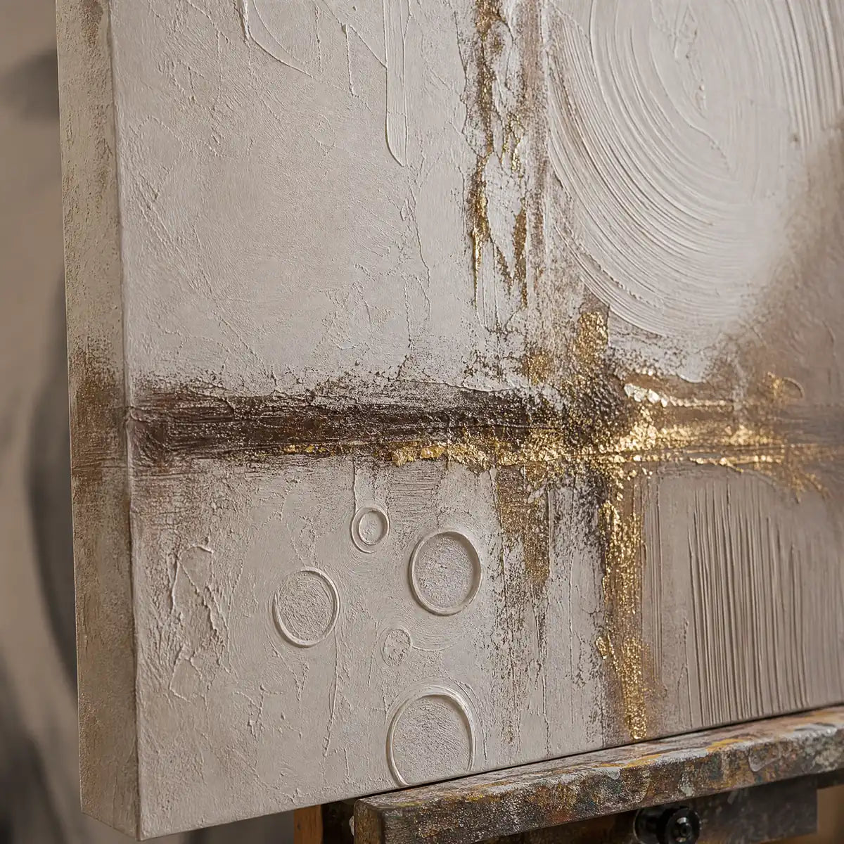 Close-up detail of Gilded Divide showing hand-painted texture and part of the frame