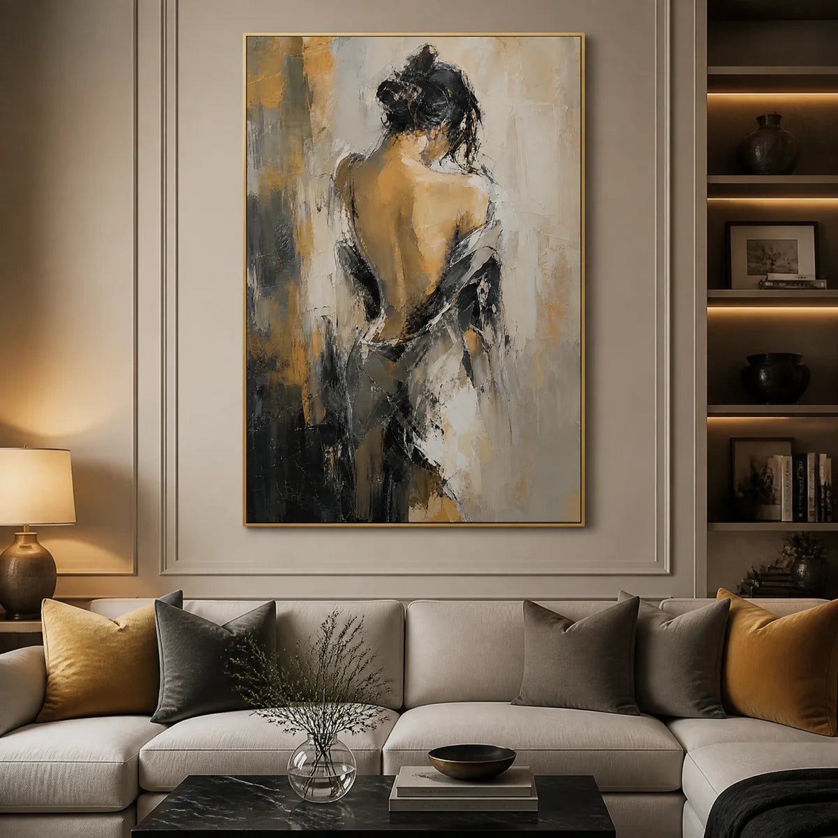 Veiled Figure in a refined living room with gold frame