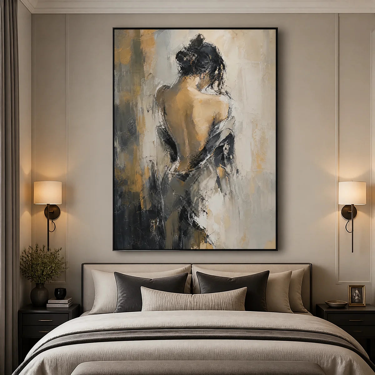 Veiled Figure in a refined bedroom with black frame