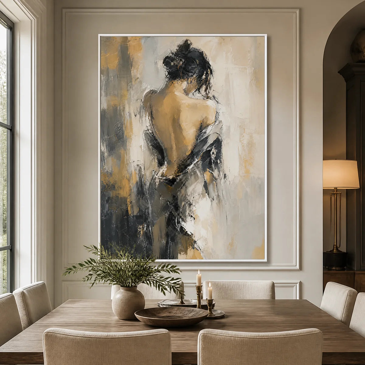 Veiled Figure in a refined dining room with white frame