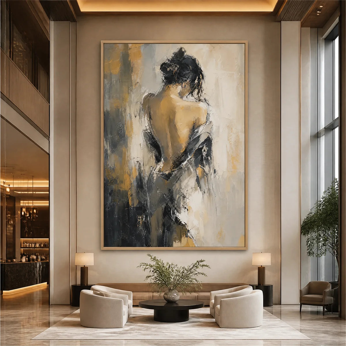 Veiled Figure in a refined hotel interior with wood frame