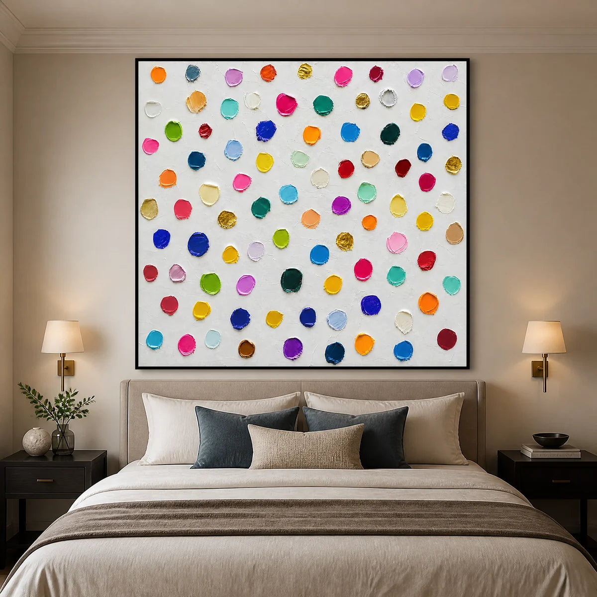 Confetti Constellation in a refined bedroom with black frame