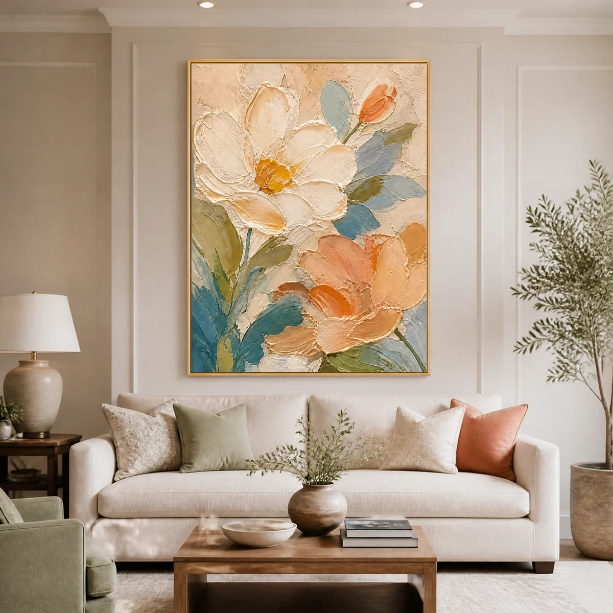 Apricot Petals in a refined living room with gold frame