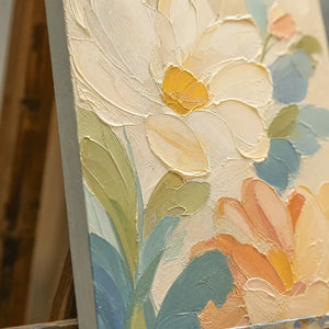 Close-up detail of Apricot Petals showing hand-painted texture and part of the frame
