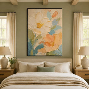 Apricot Petals in a refined bedroom with black frame
