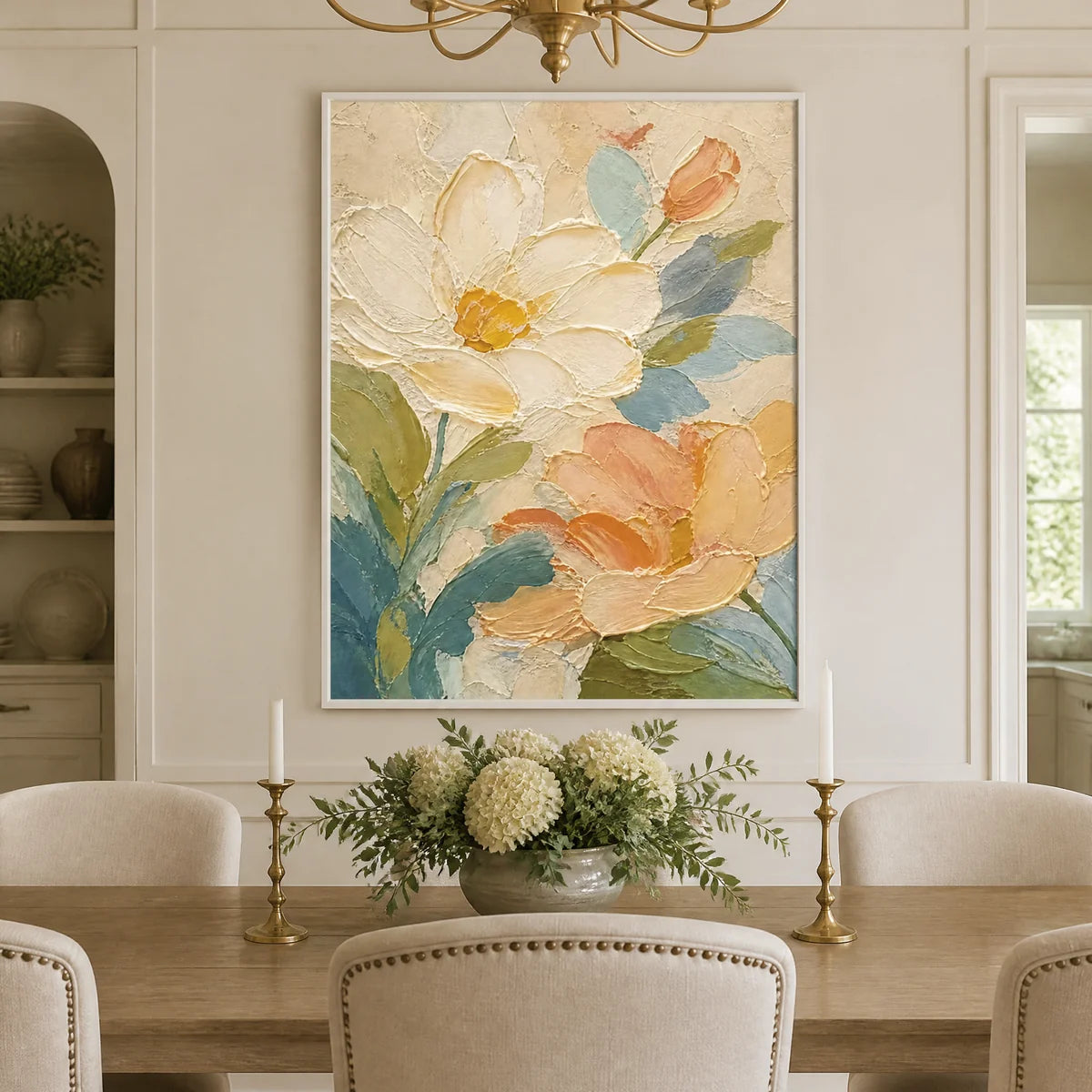 Apricot Petals in a refined dining room with white frame