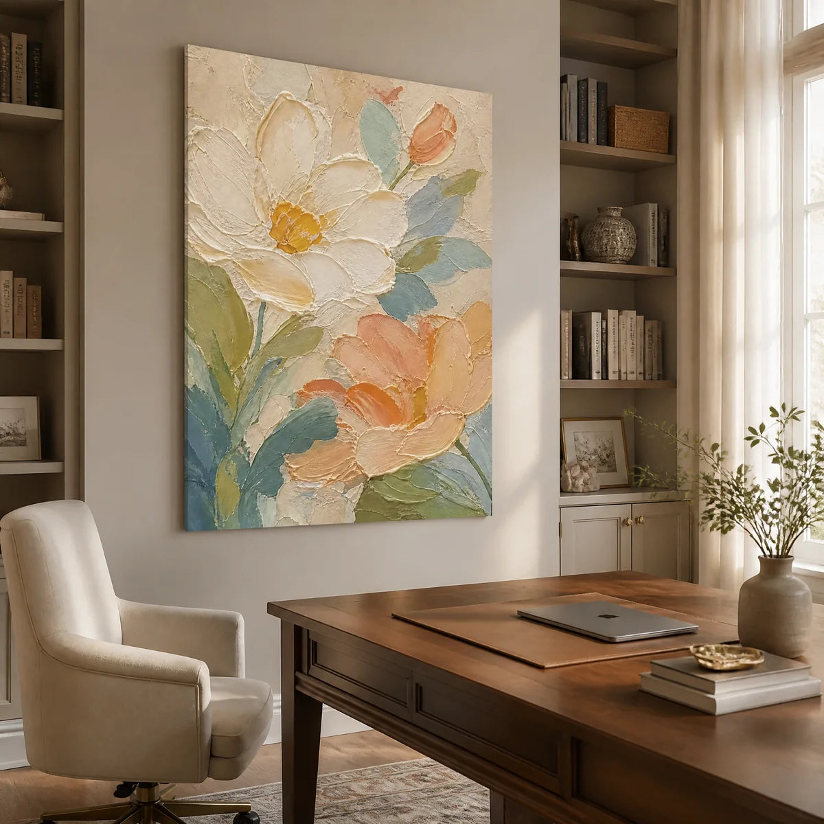 Apricot Petals in a refined office, frameless
