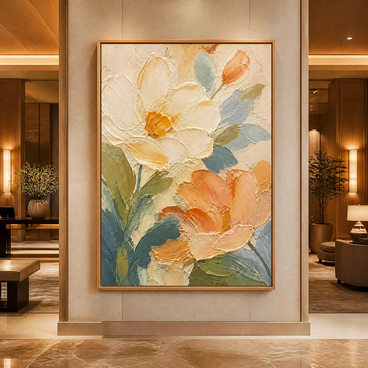 Apricot Petals in a refined hotel interior with wood frame