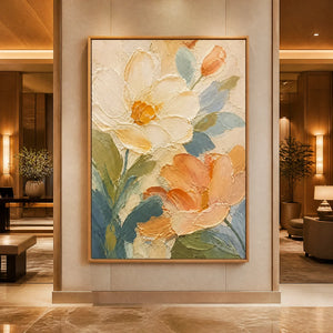 Apricot Petals in a refined hotel interior with wood frame