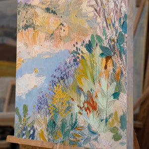 Close-up detail of Pastel Garden Light showing hand-painted texture and part of the frame