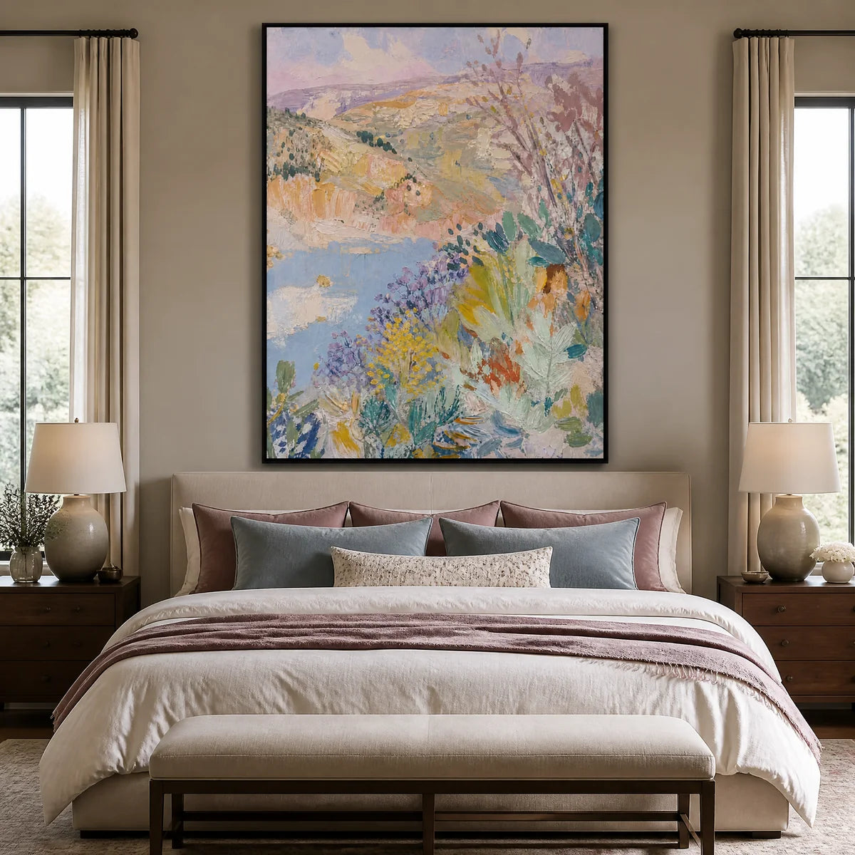 Pastel Garden Light in a refined bedroom with black frame