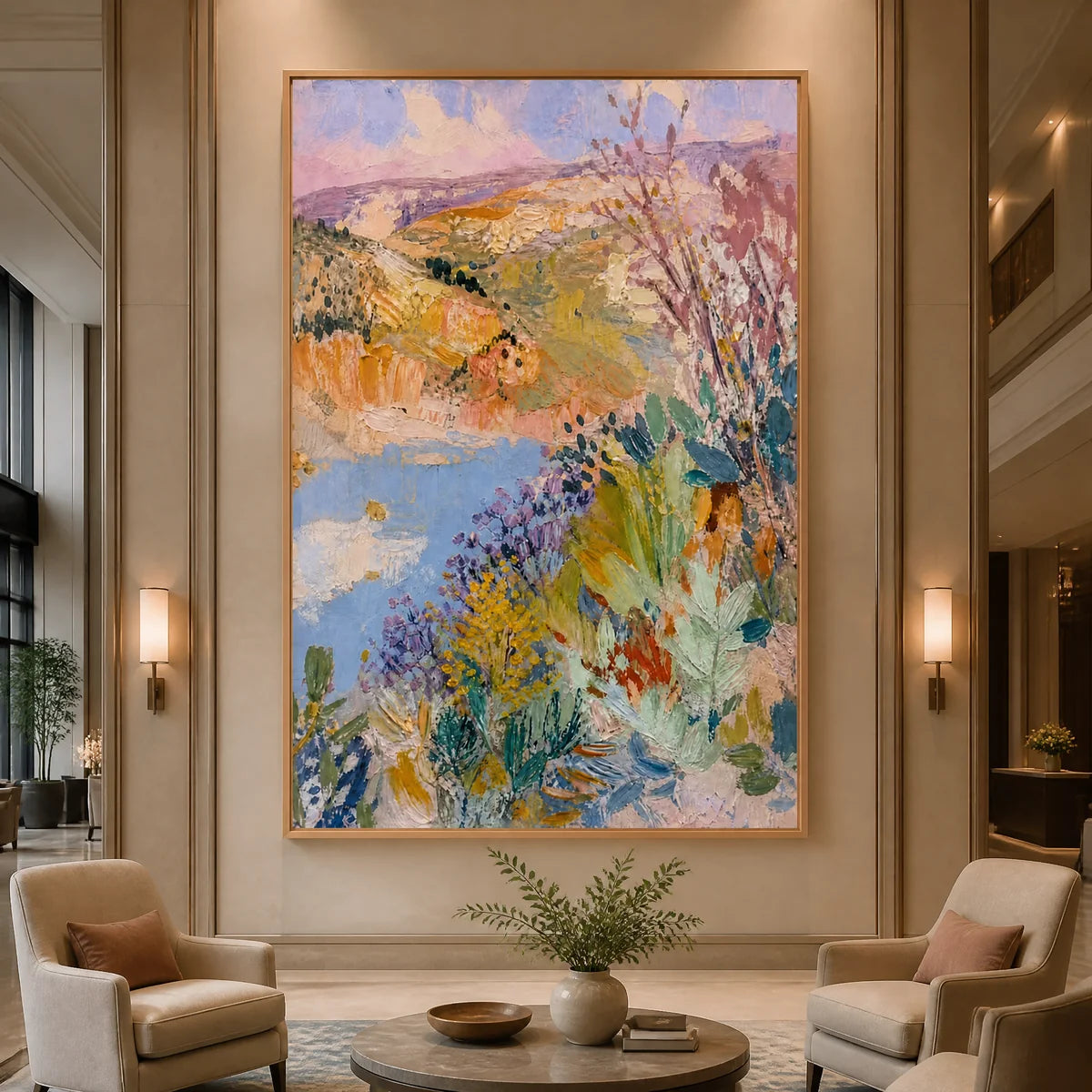 Pastel Garden Light in a refined hotel interior with wood frame
