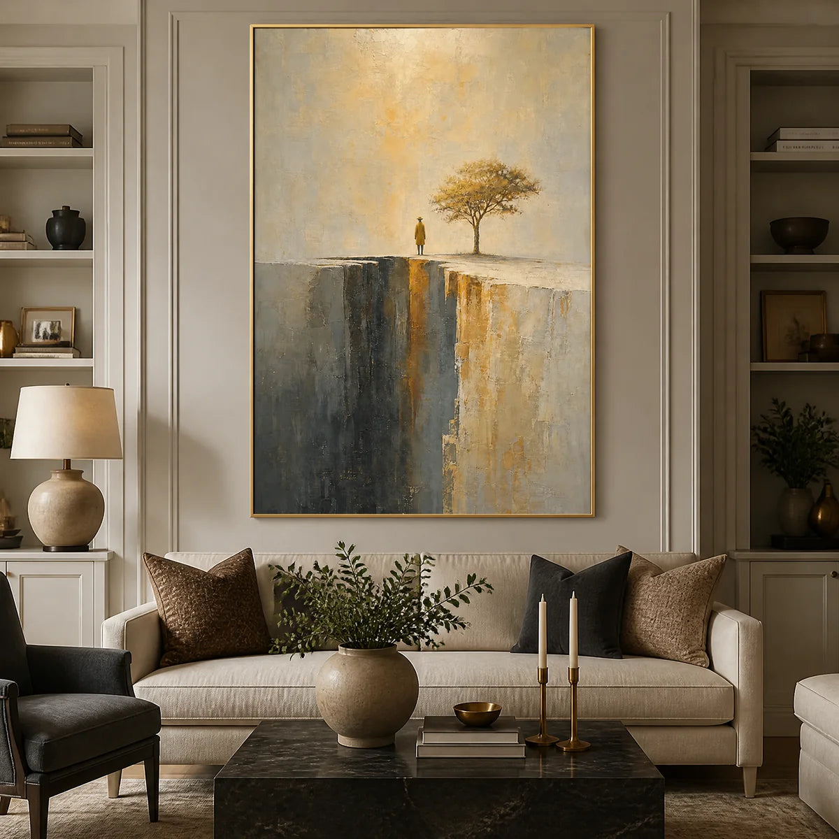 Golden Sentinel in a refined living room with gold frame