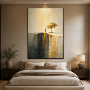 Golden Sentinel in a refined bedroom with black frame