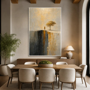 Golden Sentinel in a refined dining room with white frame