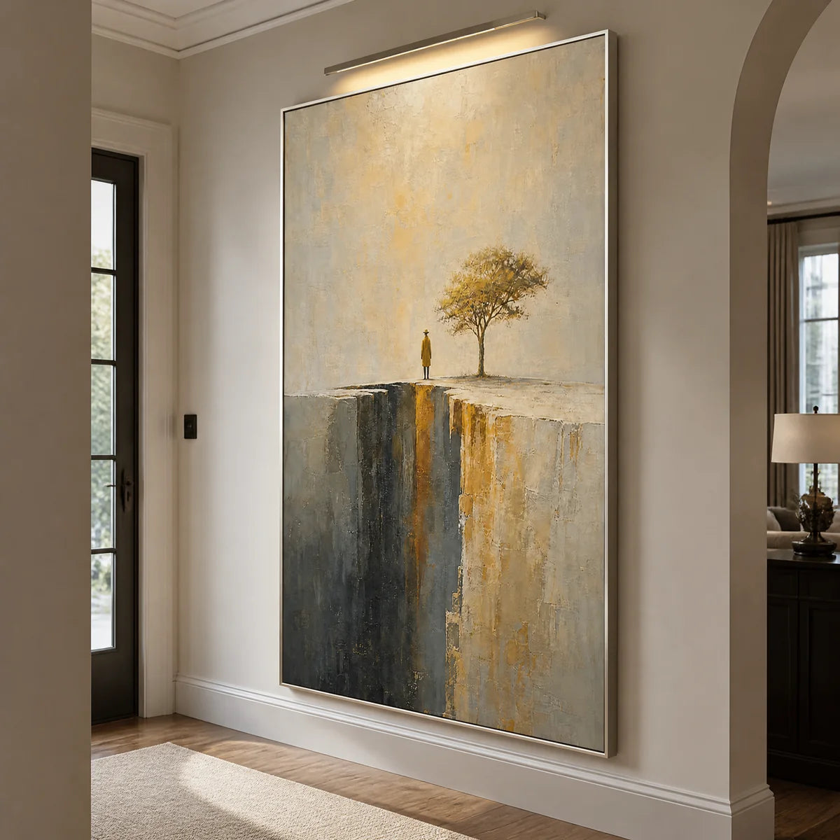 Golden Sentinel in a refined entry hall with silver frame