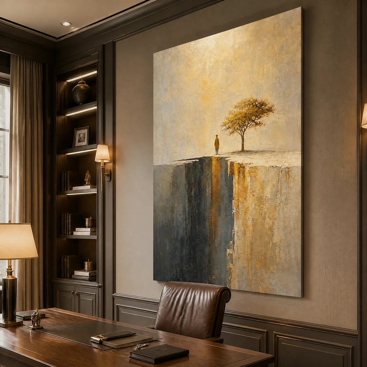 Golden Sentinel in a refined office, frameless