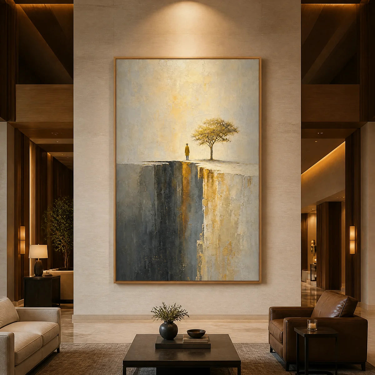 Golden Sentinel in a refined hotel interior with wood frame