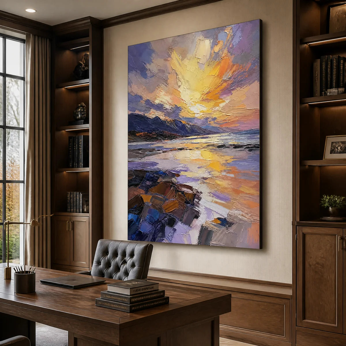 Violet Summit Glow in a refined office, frameless