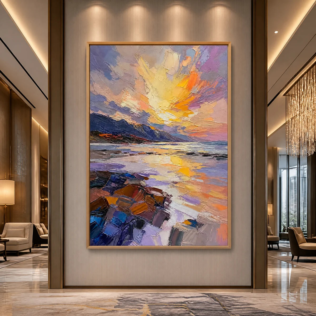 Violet Summit Glow in a refined hotel interior with wood frame