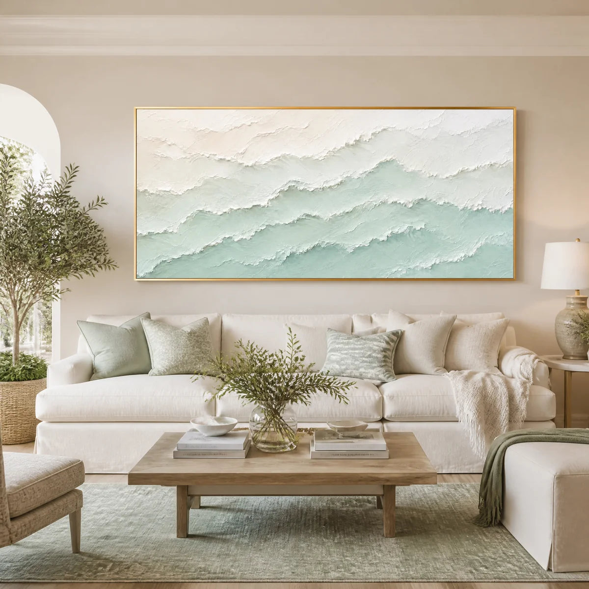 Mint Mist Ridges in a refined living room with gold frame