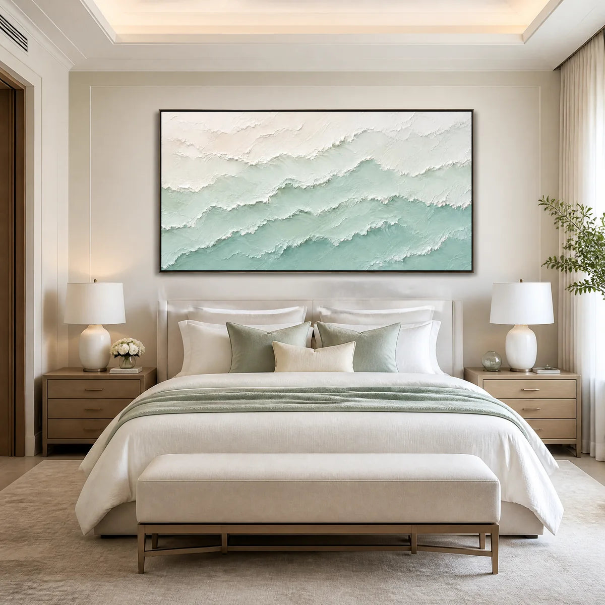 Mint Mist Ridges in a refined bedroom with black frame
