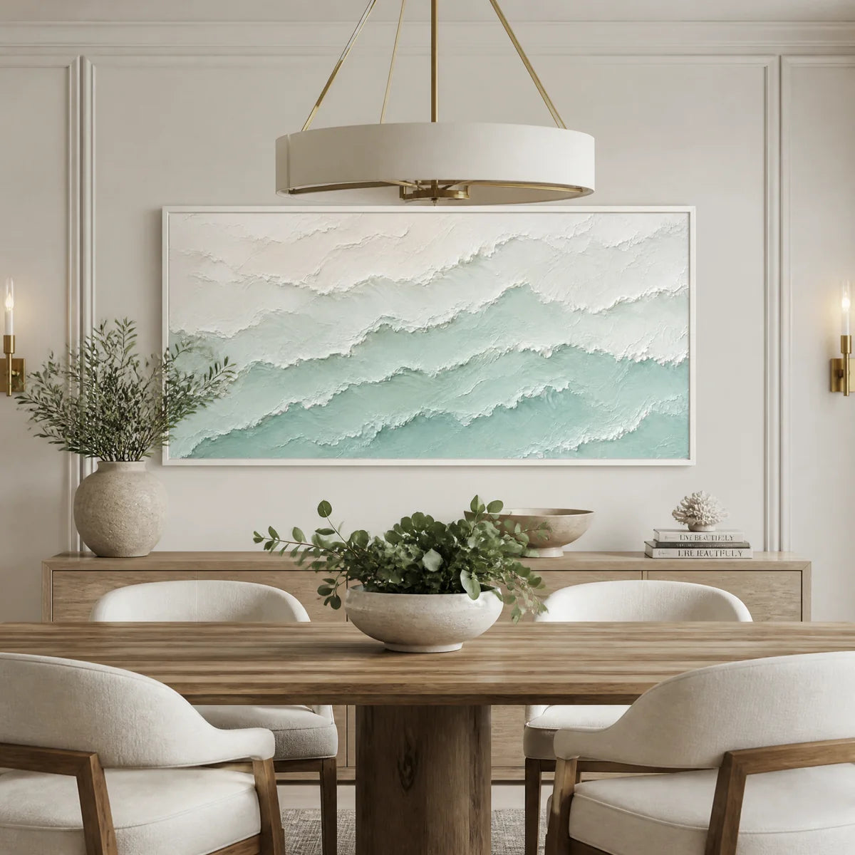 Mint Mist Ridges in a refined dining room with white frame