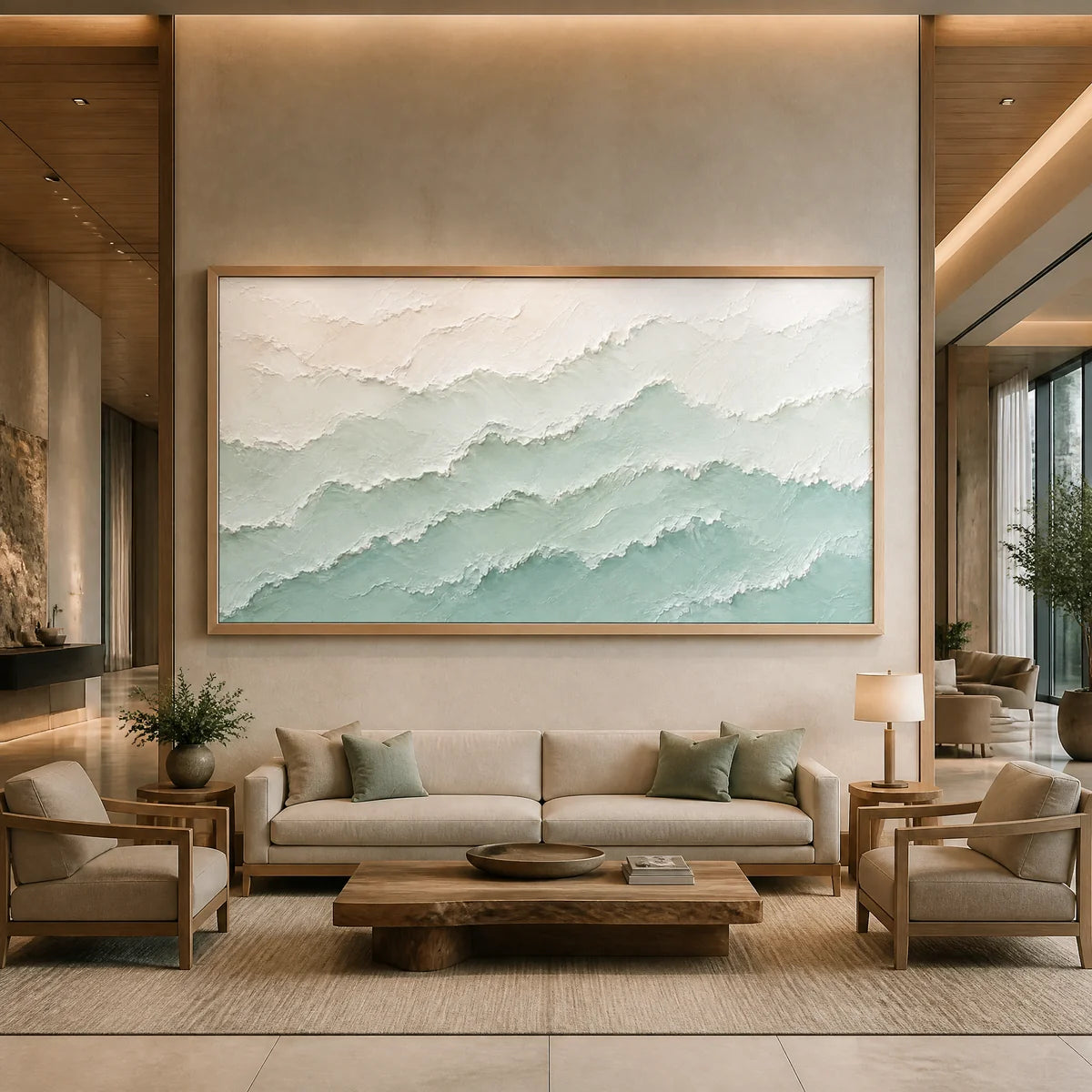 Mint Mist Ridges in a refined hotel interior with wood frame