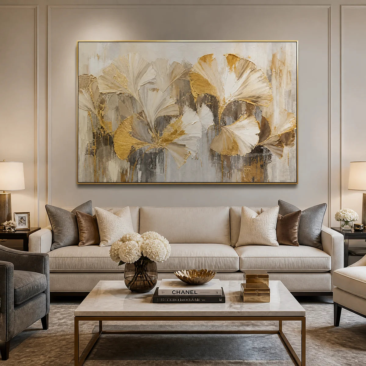 Muted Petal Chorus in a refined living room with gold frame