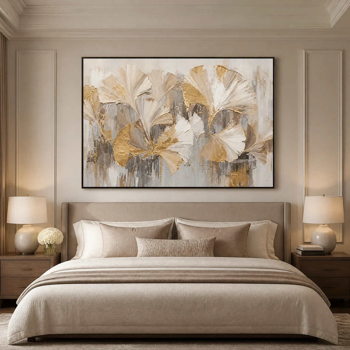 Muted Petal Chorus in a refined bedroom with black frame