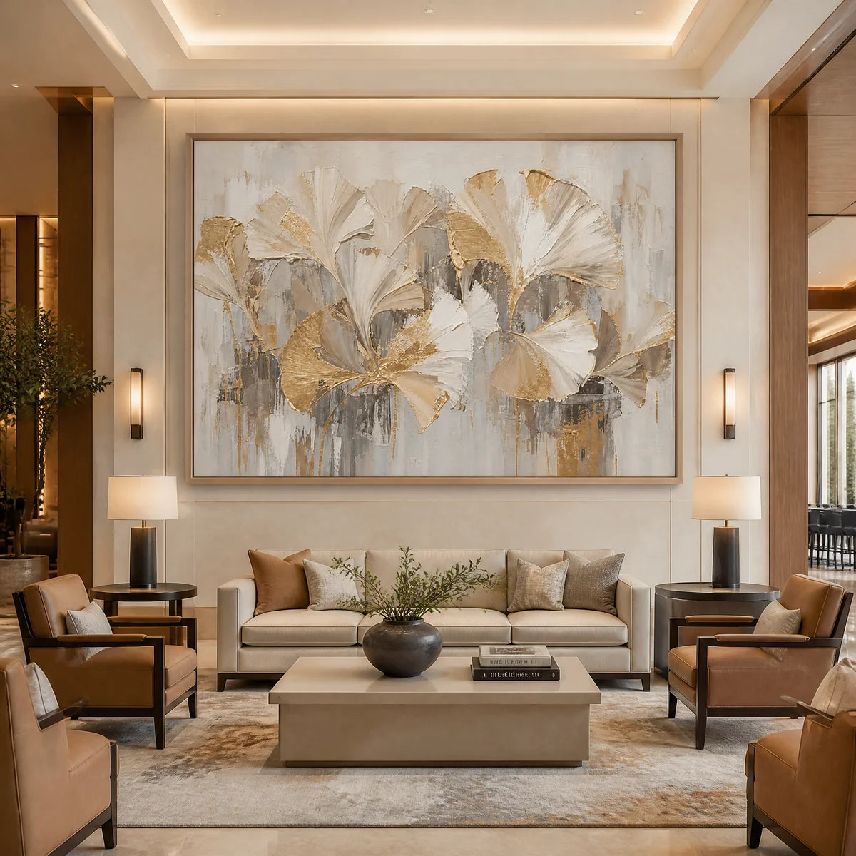 Muted Petal Chorus in a refined hotel interior with wood frame