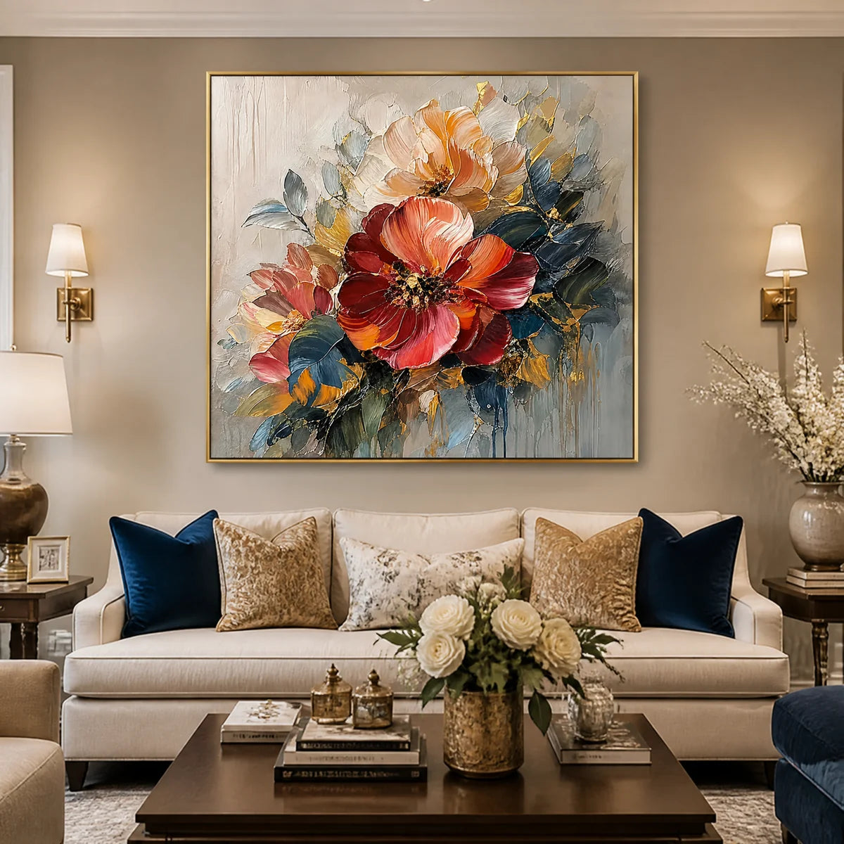 Scarlet Bloom in a refined living room with gold frame