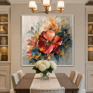 Scarlet Bloom in a refined dining room with white frame