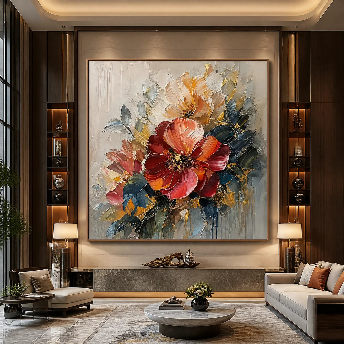 Scarlet Bloom in a refined hotel interior with wood frame