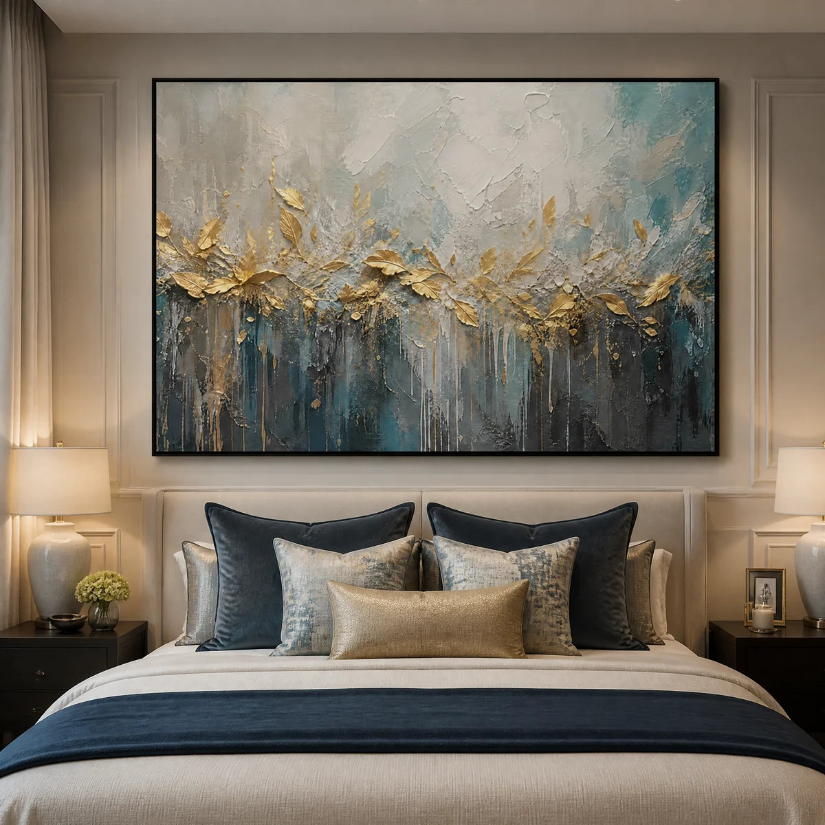Gilded Reed Horizon in a refined bedroom with black frame