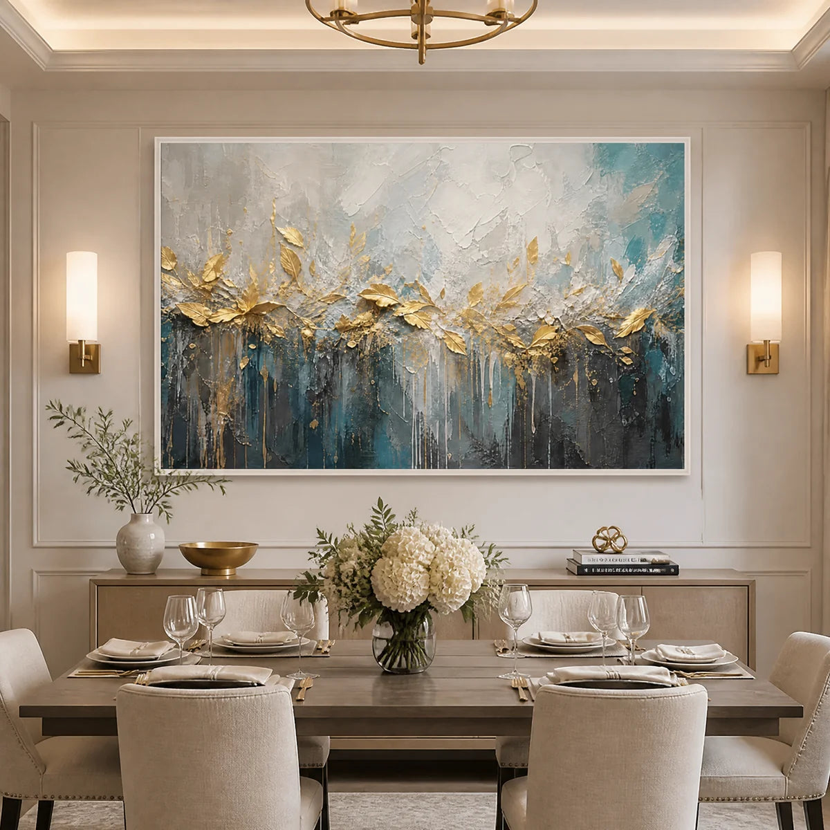 Gilded Reed Horizon in a refined dining room with white frame