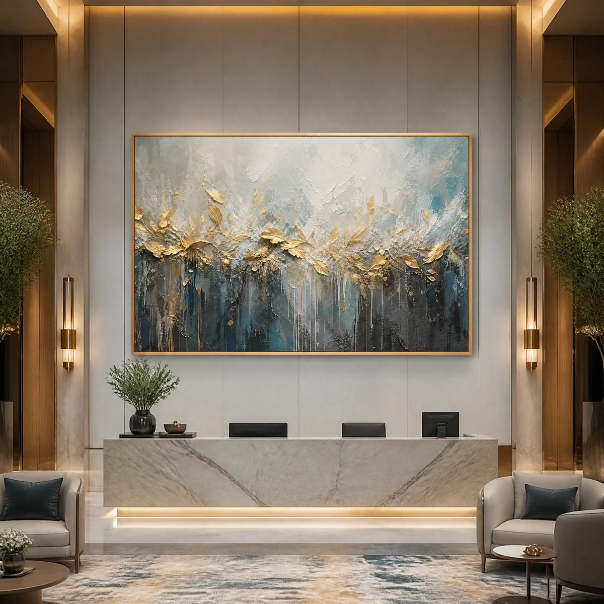 Gilded Reed Horizon in a refined hotel interior with wood frame
