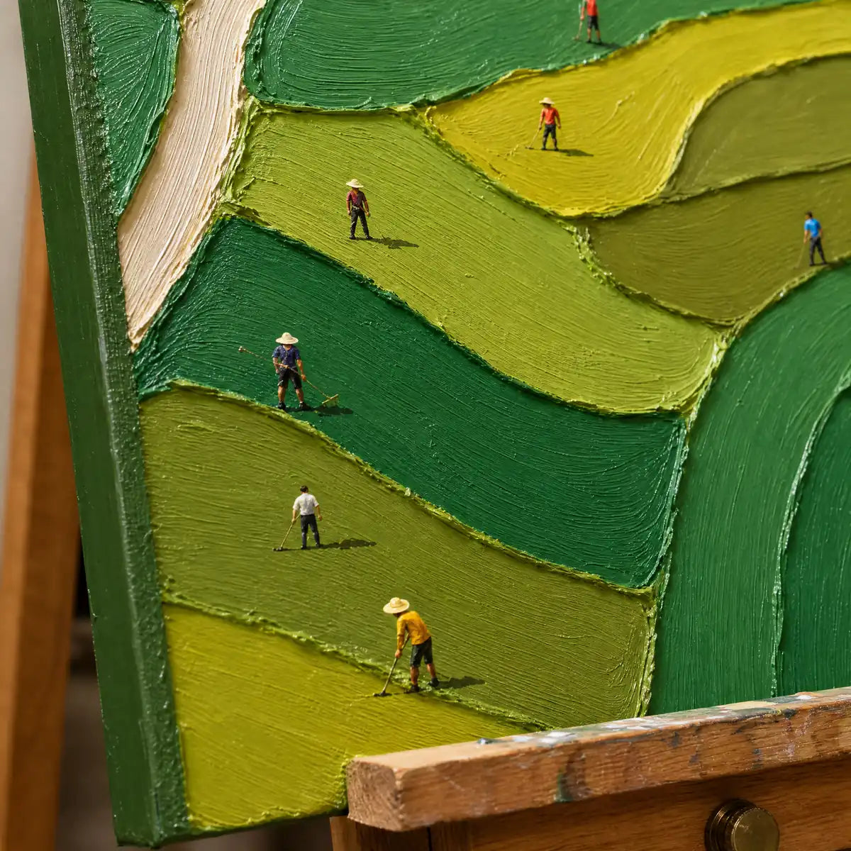 Close-up detail of Fairway Patchwork showing hand-painted texture and part of the frame