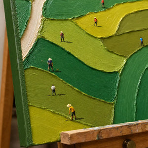 Close-up detail of Fairway Patchwork showing hand-painted texture and part of the frame
